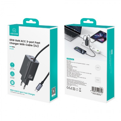 СЗУ USAMS US-CC266 65W GaN ACC 3Ports+Type-C cable чёрный