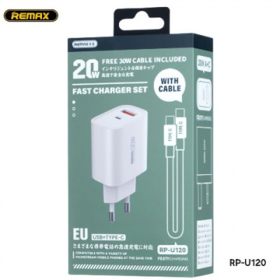 СЗУ USB/USB-C Remax RP-U120 20W+Type-C/Type-C кабель белый