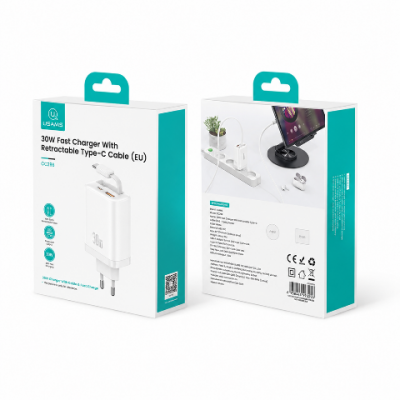 СЗУ USAMS US-CC296 30W+Type-C Retractable кабель белый