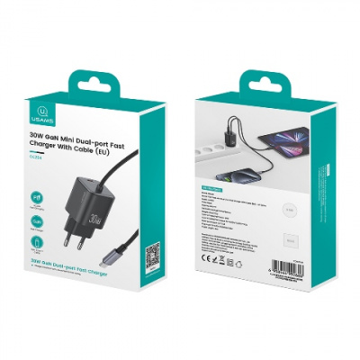 СЗУ USAMS US-CC264 30W GaN Mini 2C Dual-port+Type-C кабель белый